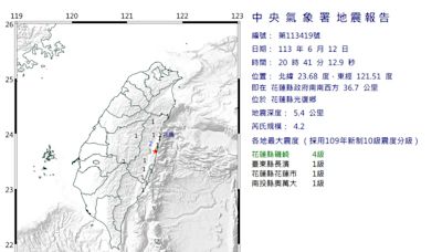 花蓮光復鄉晚間連2震！1分鐘內發生規模4.3、4.2地震 最大震度4級