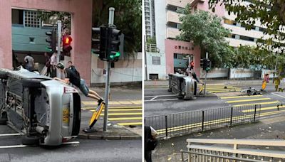 黃大仙私家車失事撞燈柱翻側 司機受輕傷