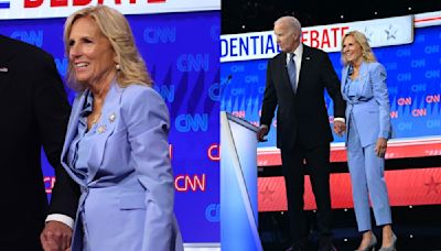 Jill Biden Softens Power Suiting in Monochrome Periwinkle Look With Glittering Brooches for CNN Presidential Debate