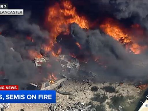 Hundreds of cars burning at Lancaster salvage yard, sending black smoke over desert