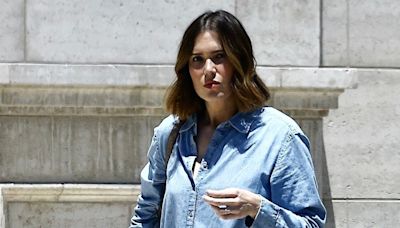 Mandy Moore Dresses Growing Baby Bump in Denim Dress While Stepping Out for Lunch