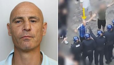 Thug squares up to riot cops after brawl breaks out as he's jailed for 2 years