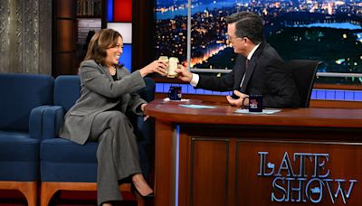 Kamala Harris Cracks Open a Miller High Life With Stephen Colbert on ‘The Late Show’