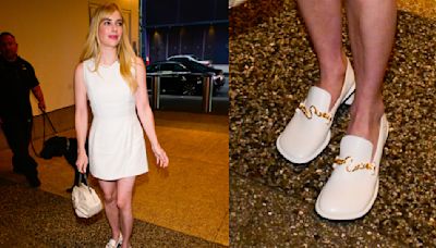 Emma Roberts Embraces All-White Trend in Heeled Loafers and Minidress With Gold Accents in New York City