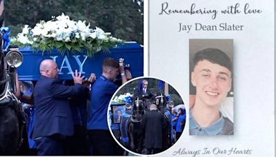 'Forever 19': Jay Slater's horse-drawn coffin arrives at funeral as friends and family dressed in blue pay respect