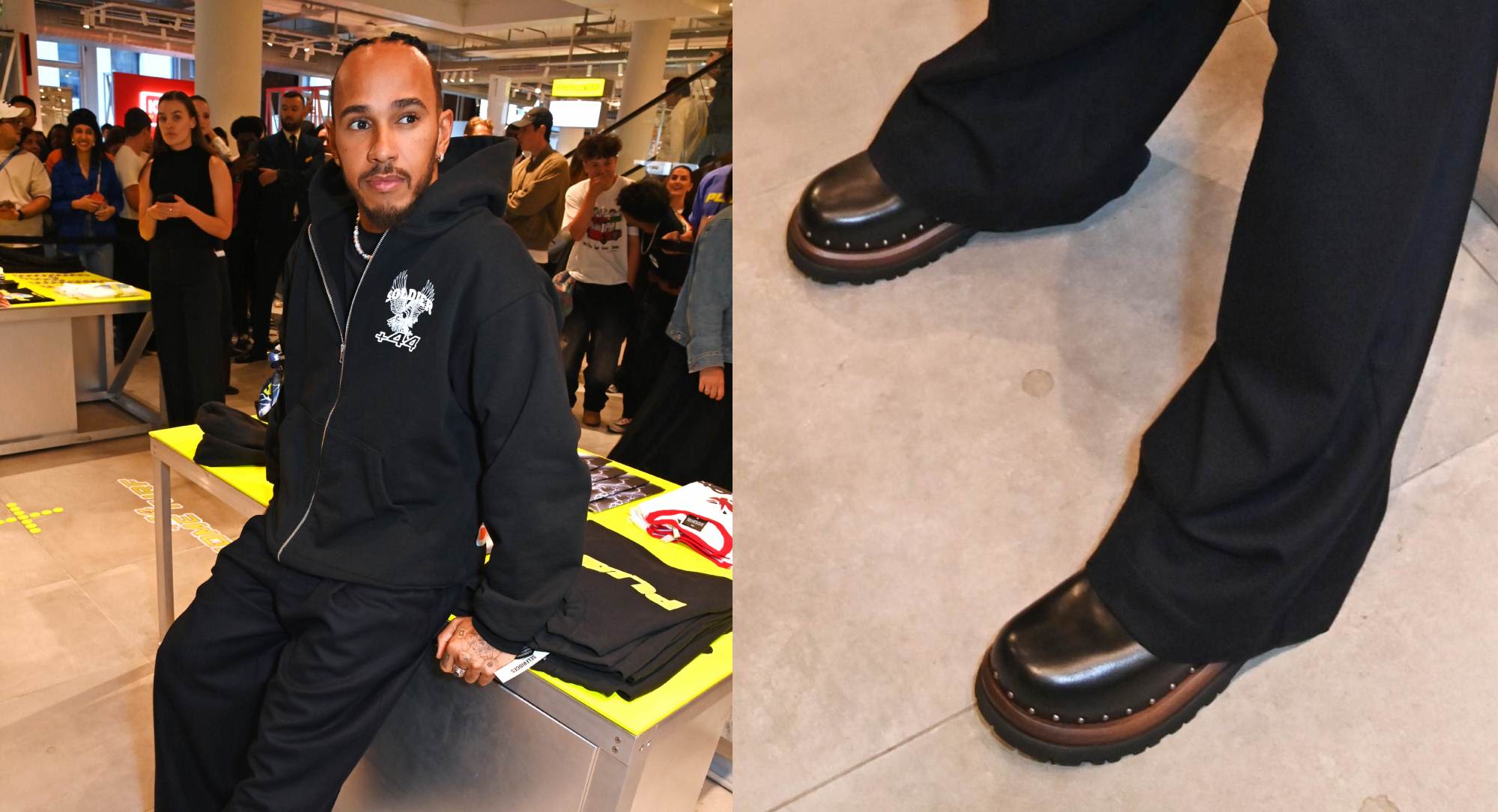 Lewis Hamilton Celebrates the Launch of His +44 ‘Home Turf’ Collection in Sleek Leather Dior Shoes in London