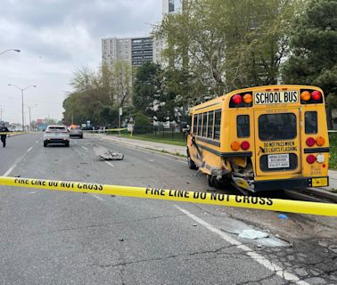 2 people injured after vehicles collide, strike parked school bus