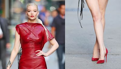 Anya Taylor-Joy Goes Fiery Red in Leather Minidress and Matching Louboutins for ‘Stephen Colbert’