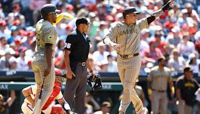 Manny Machado of the San Diego Padres scores a run during the eighth inning against the Philadelphia Phillies at Citizens Bank Park on June 19, 2024, in Philadelphia.