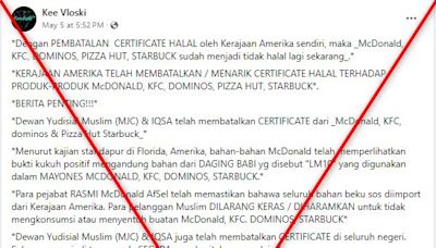 Malaysian posts falsely claim fast-food chains' halal certification revoked