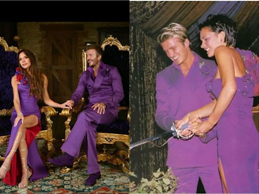 David and Victoria Beckham celebrate 25th anniversary wearing their iconic purple wedding reception outfits