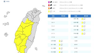 苗栗以南10縣市大雨特報 8地防大雷雨