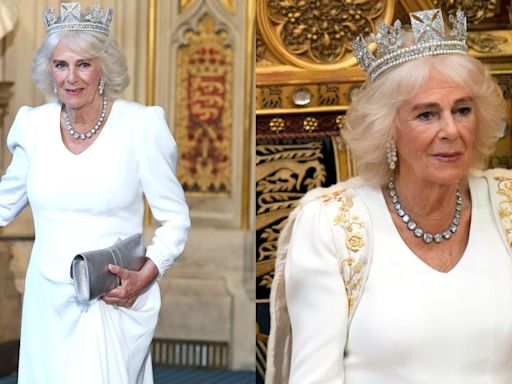Queen Camilla Embraces Statement Shoulders in Fiona Clare Gown With Crown From Queen Elizabeth II’s Collection...