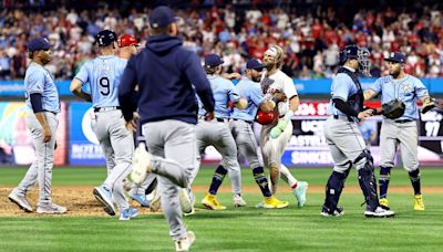 Benches clear between Philadelphia Phillies and Tampa Bay Rays after Nick Castellanos is hit by pitch