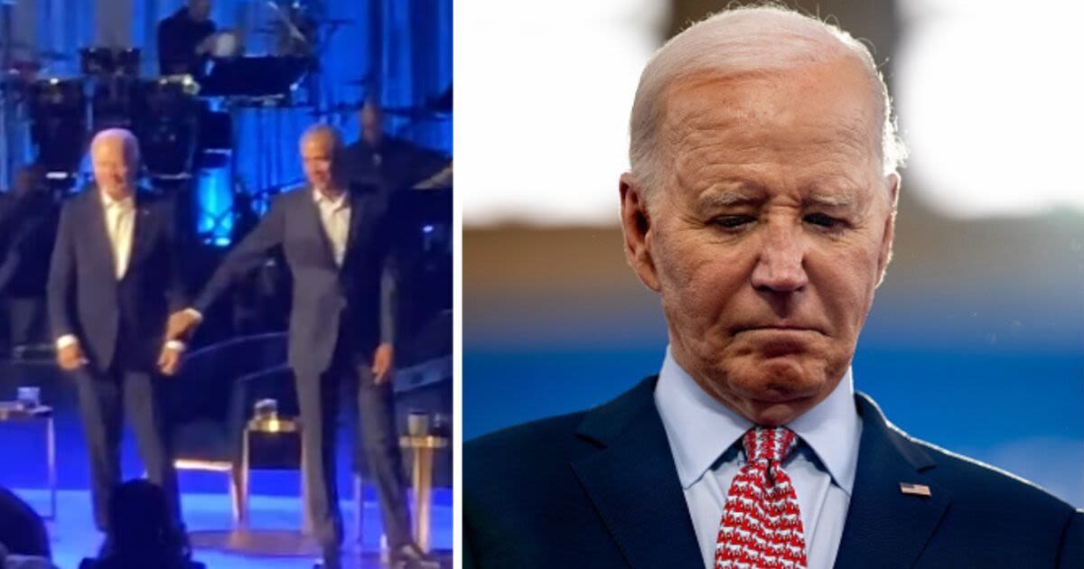 Joe Biden 'freezes' again before Obama saves the day pulling him off stage