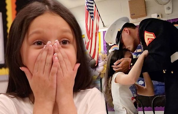 United States Marine Hector Aviles surprises little sister at school