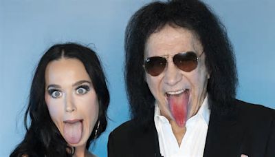 Katy Perry dazzles in a shimmering turquoise dress as she playfully sticks out her tongue with KISS legend Gene Simmons on set of American Idol