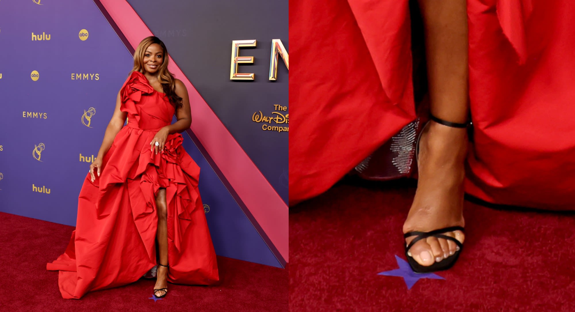 ‘Abbott Elementary’ Star Janelle James Selects Strappy Black Jimmy Choo Sandals to Complement Ruffled Red Dress at 2024 Emmys