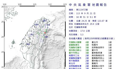 18:51花蓮規模5.3地震 最大震度4級