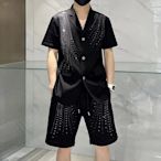 夏季新款韓版時尚潮牌設計燙鉆短袖套裝男西裝短褲兩件套