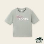 Roots女裝-繽紛花卉系列 刺繡花卉寬版短袖T恤-綠灰色