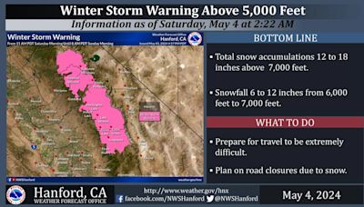 Weather Service Announces a Winter Storm Warning for the Sierra Nevada Above 5,000 Feet Begins Saturday Afternoon (May 4, 2024)