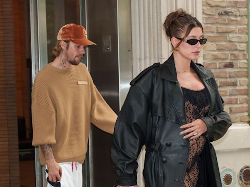 Hailey Bieber Shows Off Baby Bump in Lace Jumpsuit While Heading to NYC Dinner With Justin Bieber