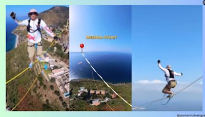 Slackliner walks across Italy’s Strait of Messina on the world’s longest slackline, fails to set new world record