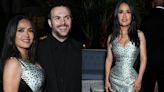 Salma Hayek Enlivens Exaggerated Cinched Waist With Gucci ‘Optical Illusion’ Dress at Miley Cyrus’ Flora Fragrance Party