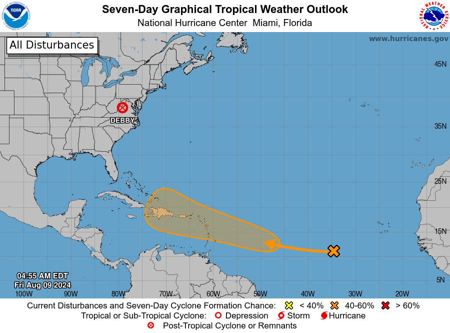 National Hurricane Center tracking tropical wave with 60% chance for development. Debby weakens