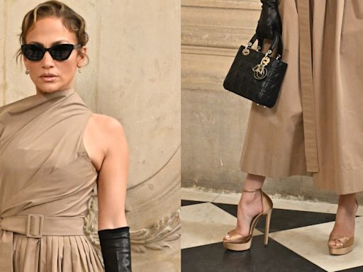 Jennifer Lopez Goes Glam in Jimmy Choo Gold Platform Sandals and Belted Dress at Dior Fall 2024 Couture Show