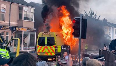 Watch | Police van set on fire as clashes break out at England’s Southport mosque | World News - The Indian Express