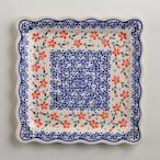 波蘭陶 藍印紅花系列 方形餐盤 24cm 波蘭手工製