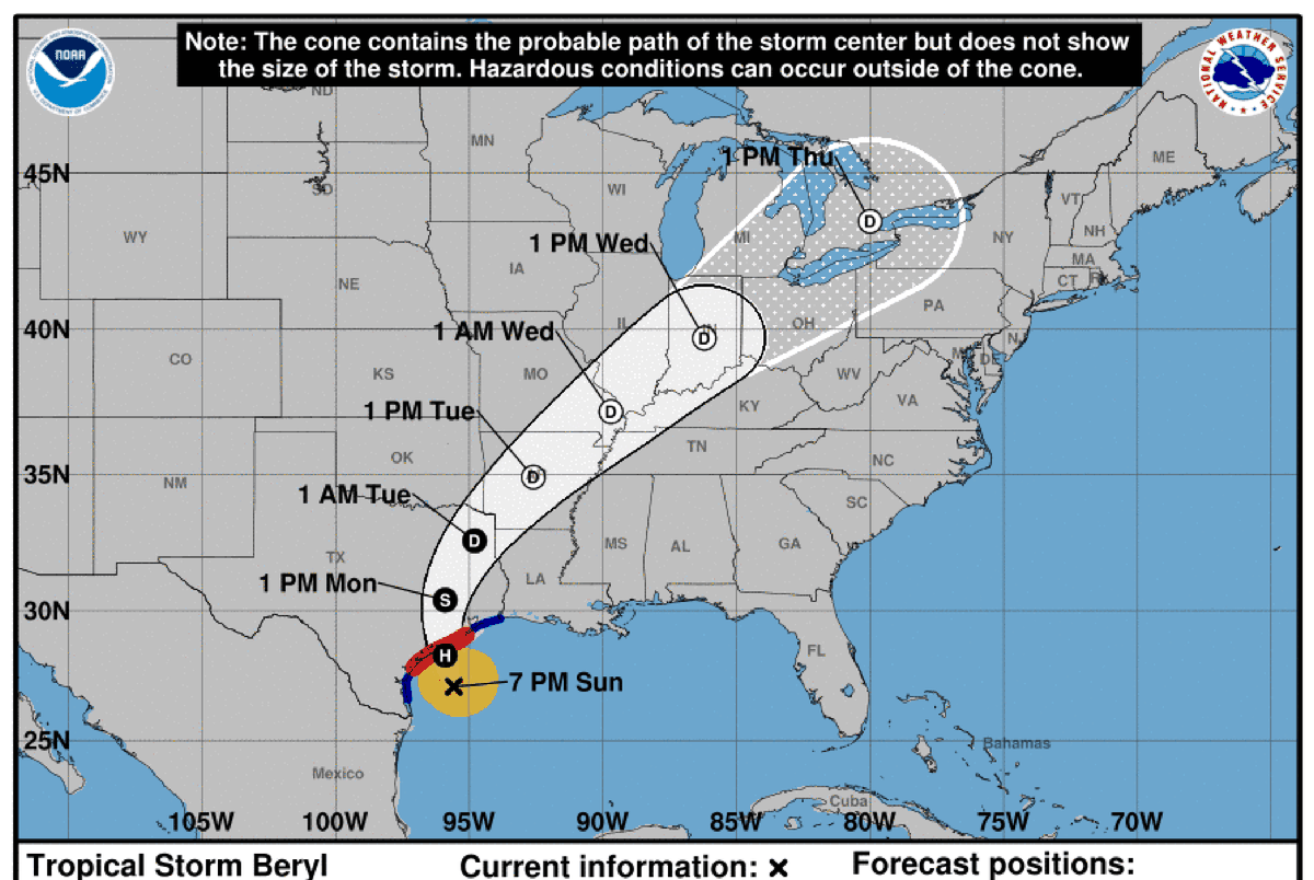 Tropical Storm Beryl is on a path to hit the Texas coast as a hurricane Monday