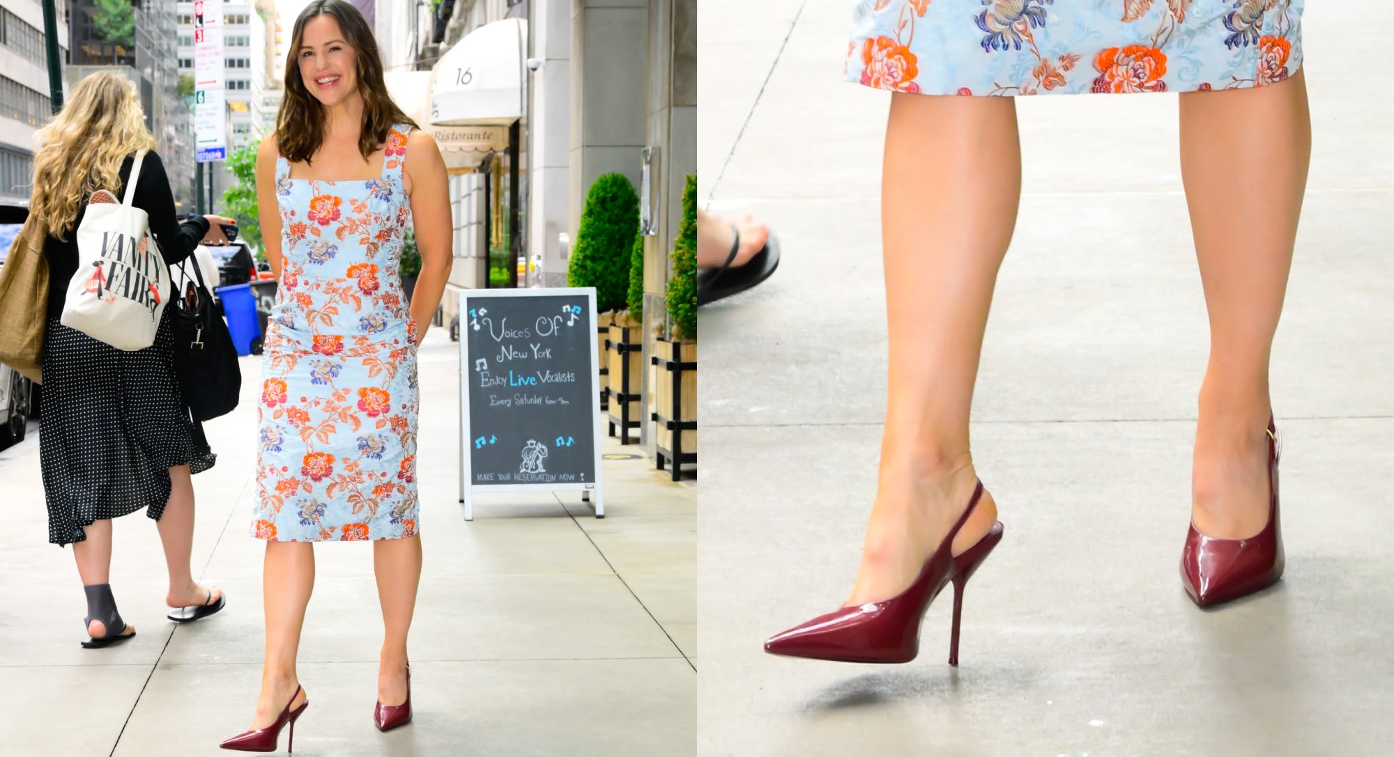 Jennifer Garner Pairs Patent Leather Slingback Pumps With Floral Dress in New York City