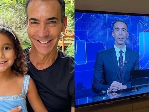 Filha de César Tralli reage ao ver o pai apresentando o 'Jornal Nacional'