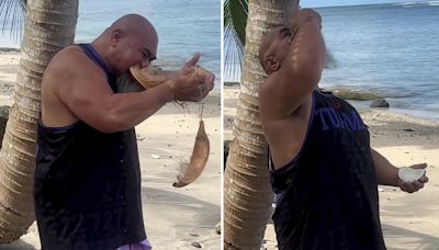 Watch boxing legend savagely eat a coconut as fans say 'my teeth hurt from this'