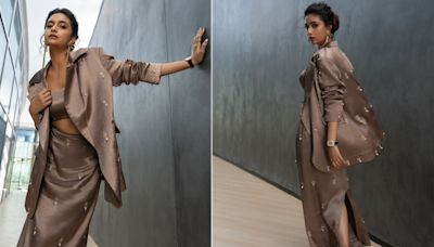 Keerthy Suresh In A Bejewelled Bronze Skirt Suit Will Add A Metallic Glint To Monsoon Days