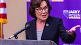 Jacky Rosen, D- Nev., speaks at a news conference to call on Brightline West's project to construct a high-speed rail system between Las Vegas and Southern California on Friday...