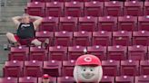 Cincinnati mascot Mr. Red tries to hurdle youth football player in Bengals' halftime game