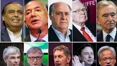 Ultra-rich men's worth in 2024: Musk, Bezos, Arnault, Ambani, Zuckerberg, Gates, Ellison, Page, Brin, Buffett, Balmer, Ortega, Huang, Bloomberg, Dell