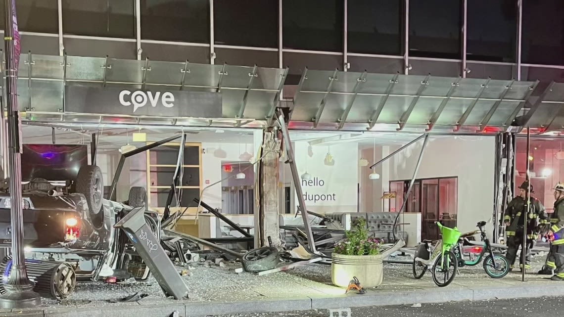 Car flips over, crashes into downtown, DC office building