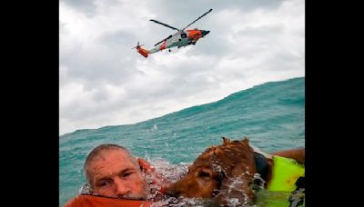 Watch: Man and Dog Rescued From Disabled Boat During Hurricane Helene