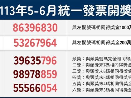 統一發票113年5-6月千萬獎號碼：86396830