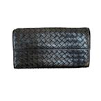 【二手名牌BRAND OFF】BOTTEGA VENETA BV 寶緹嘉  灰色 羊皮 亮面 編織 雙折 扣式長夾 150509