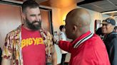 Jason Kelce Rocks a Floral Shirt — Instead of Going Shirtless — to Support Brother Travis Alongside Wife Kylie