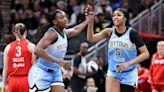 The Chicago Sky's Angel Reese celebrates a basket with Michaela Onyenwere against the Indiana Fever during the third quarter at Gainbridge Fieldhouse on June 1, 2024, in...