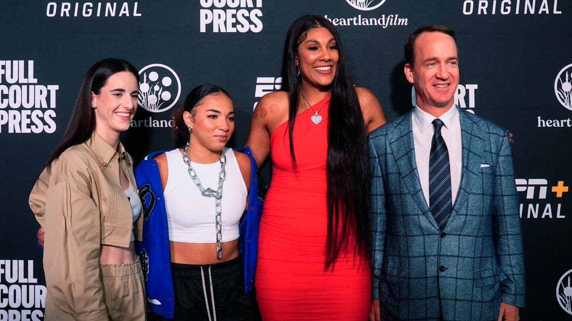 Peyton Manning, Caitlin Clark hit red carpet for 'Full Court Press' premiere