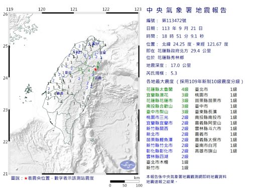 地震！花蓮秀林規模5.3 最大震度4級