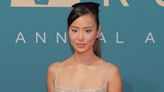 Jamie Chung Sparkles in Gold Glitter Sandals at Unforgettable Gala Red Carpet